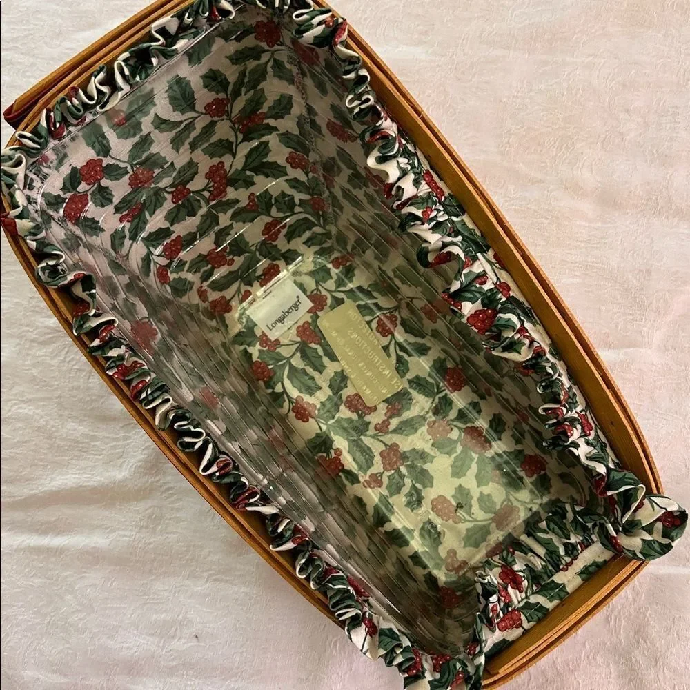 Longaberger Wooden Vegetable Basket Sleigh Shaped with Plastic and Fabric Liners